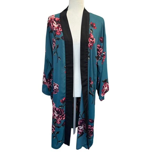 Soprano Floral Kimono Robe Teal/Pink/Black Sash Size Large Boho Festival - Picture 4 of 7